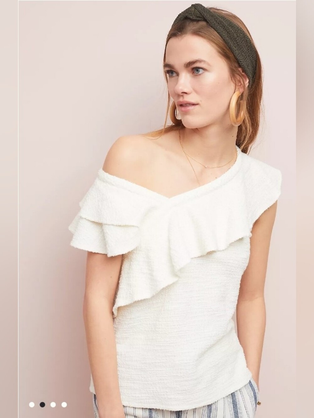 Anthropologie Dolan Ivory Knit Top Ruffled Off Shoulder Large